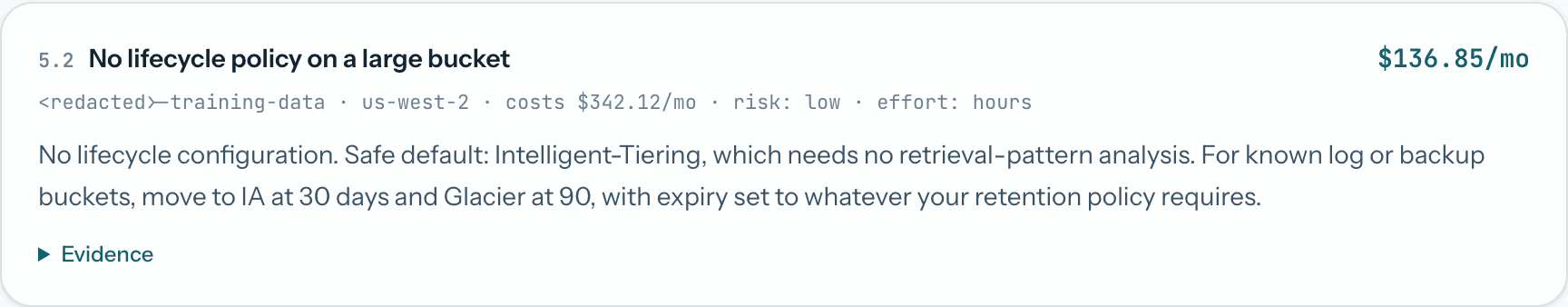 A single finding: no lifecycle policy on a large bucket, saving $136.85 a month, with region, current cost, risk and effort.